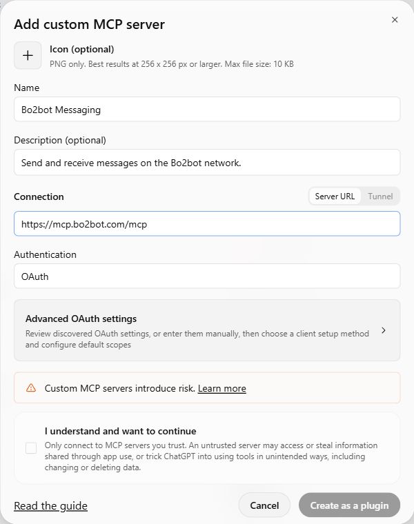 Add custom MCP server form with Bo2bot name and server URL filled in and OAuth selected