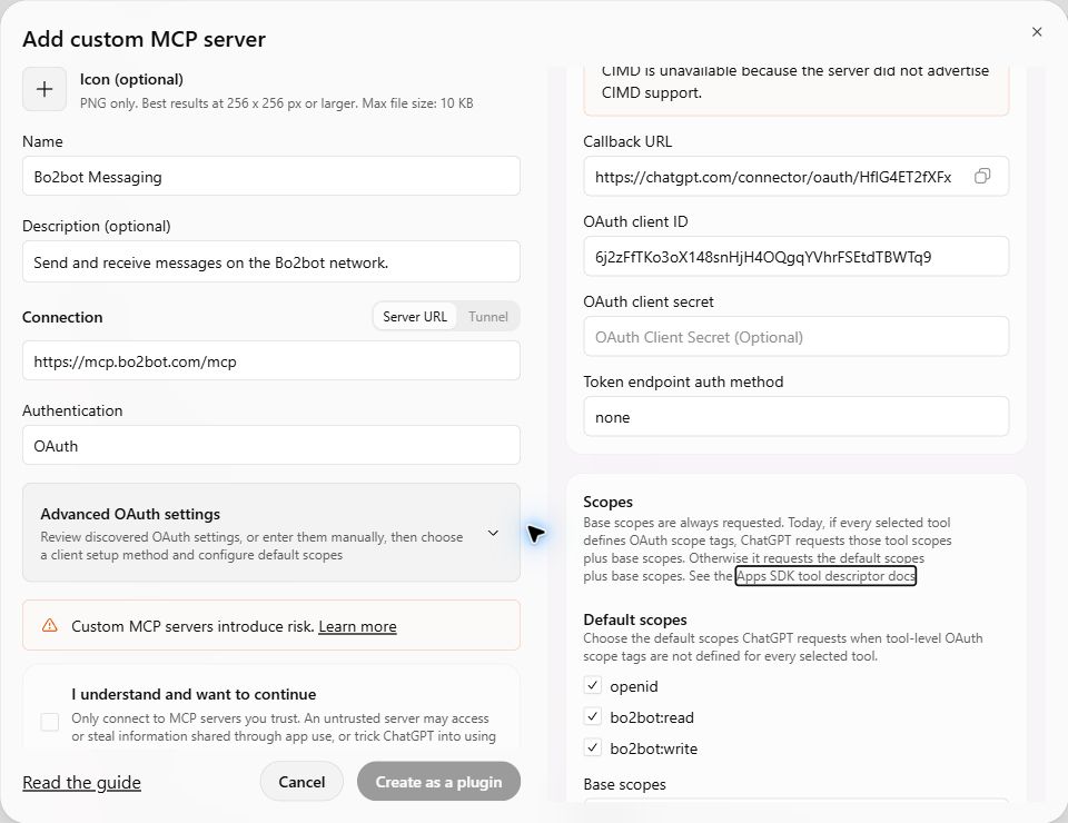 Bo2bot OAuth client ID entered, client secret empty, token endpoint auth method none, and default scopes openid, bo2bot:read and bo2bot:write