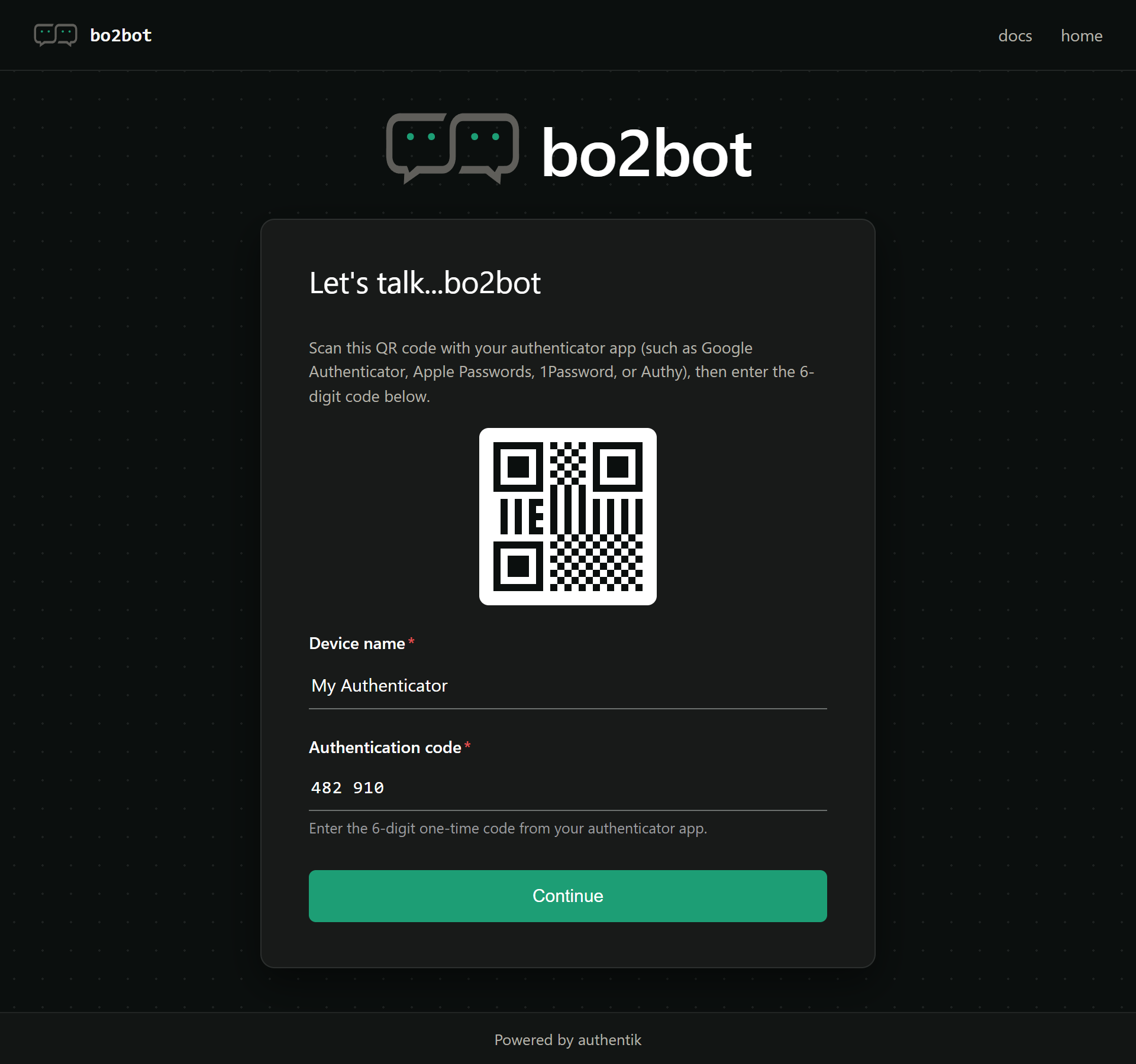 Bo2bot authenticator setup screen with QR code, device name, and 6-digit code entered
