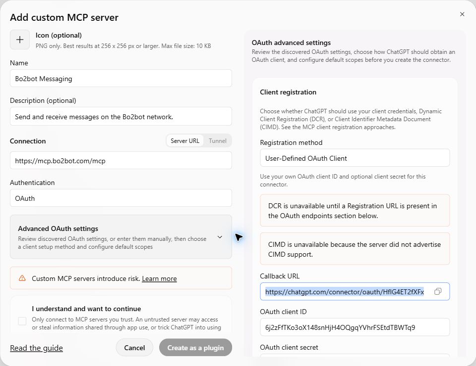 Advanced OAuth settings showing User-Defined OAuth Client registration, with the callback URL and Bo2bot client ID