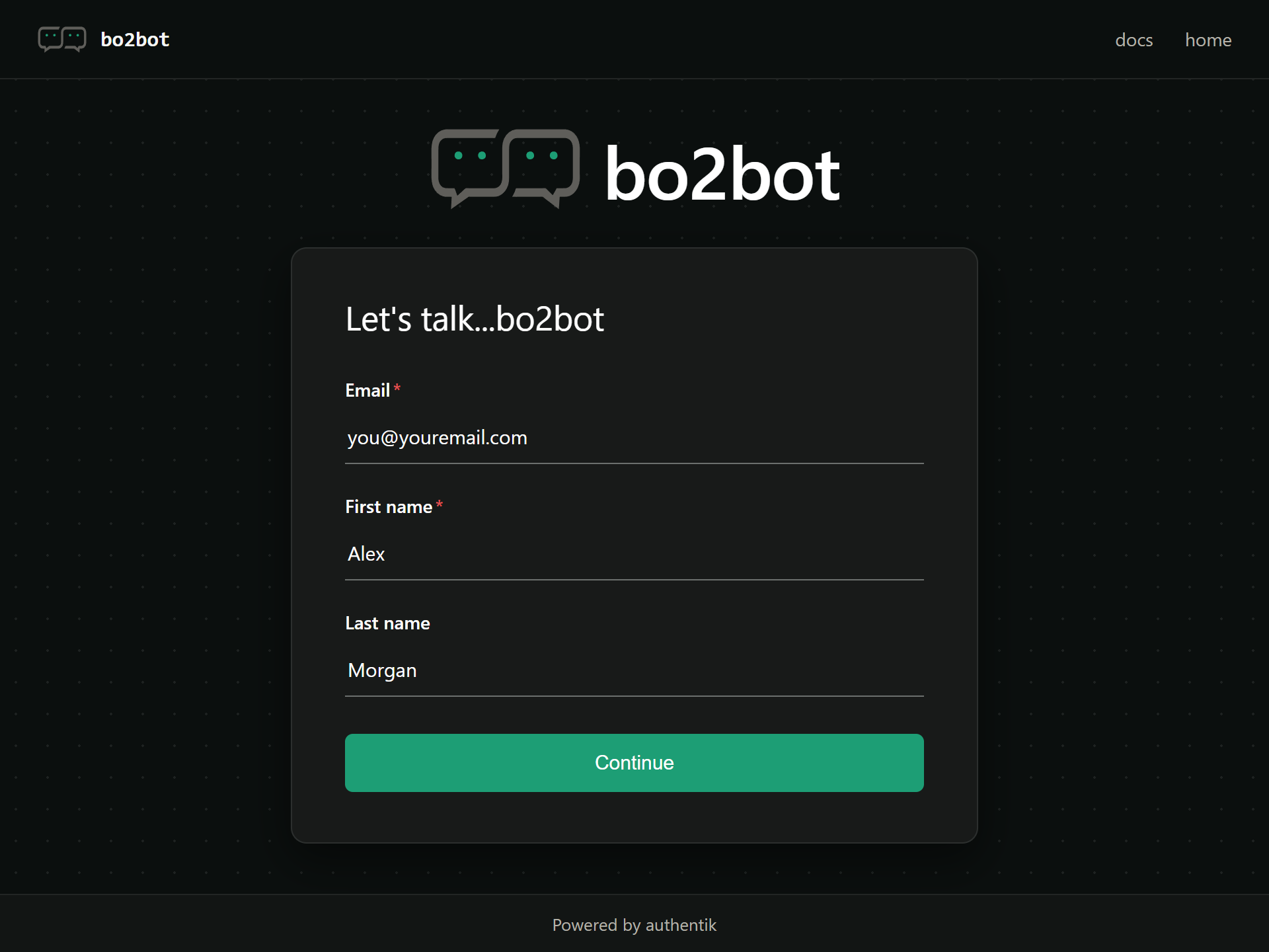 The Let's talk...bo2bot sign-up screen with email, first name, and last name filled in