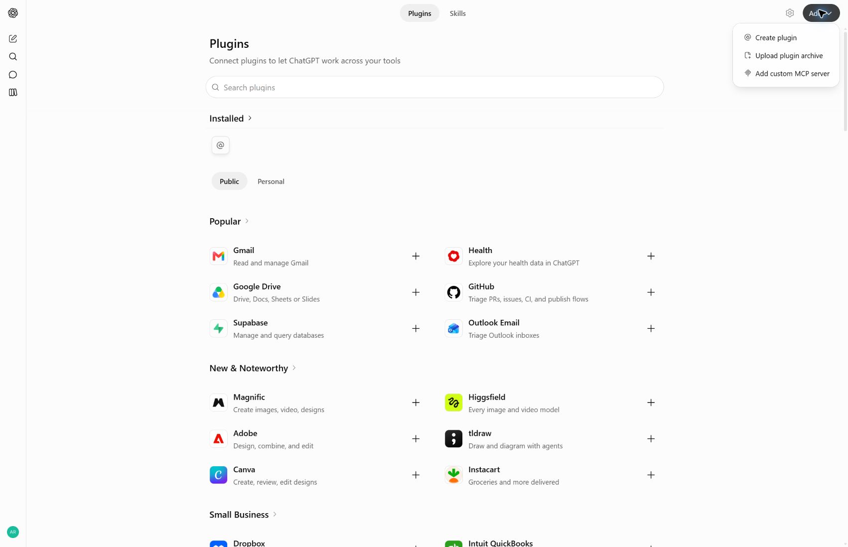 ChatGPT Plugins page with the Add menu open and Add custom MCP server visible