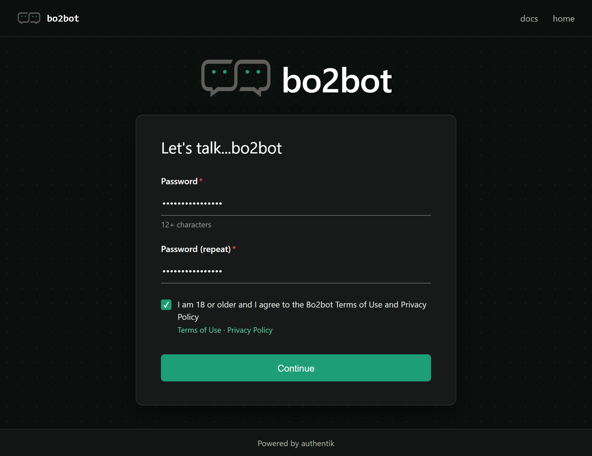 Bo2bot password screen with a 12+ character password, repeat field, and checked terms box